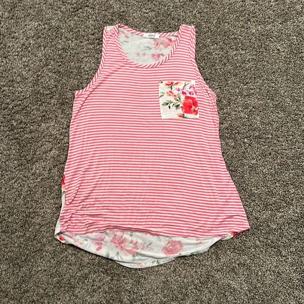 Women’s Pink and White Striped Tank with Floral back Size Small